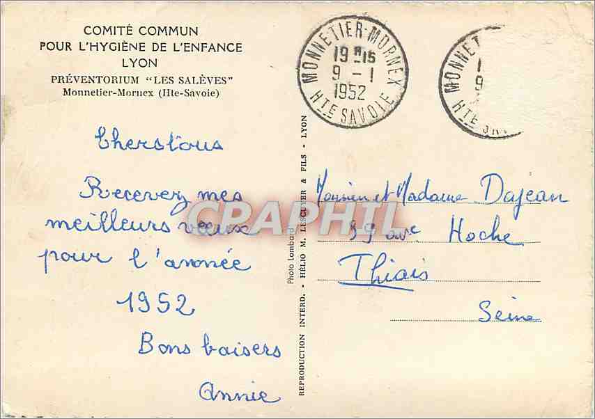 CPM Lyon Preventorium Les Saleves Monnetier Moruex Hte Savoie  — Verso