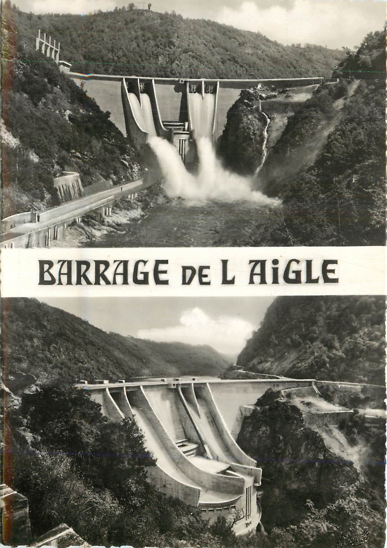 Barrage de l'Aigle — Gorges de la Dordogne — Vue d'ensemble et déversoirs en crue — Éditeur : Art Michel, Maréil-la-Croisille
