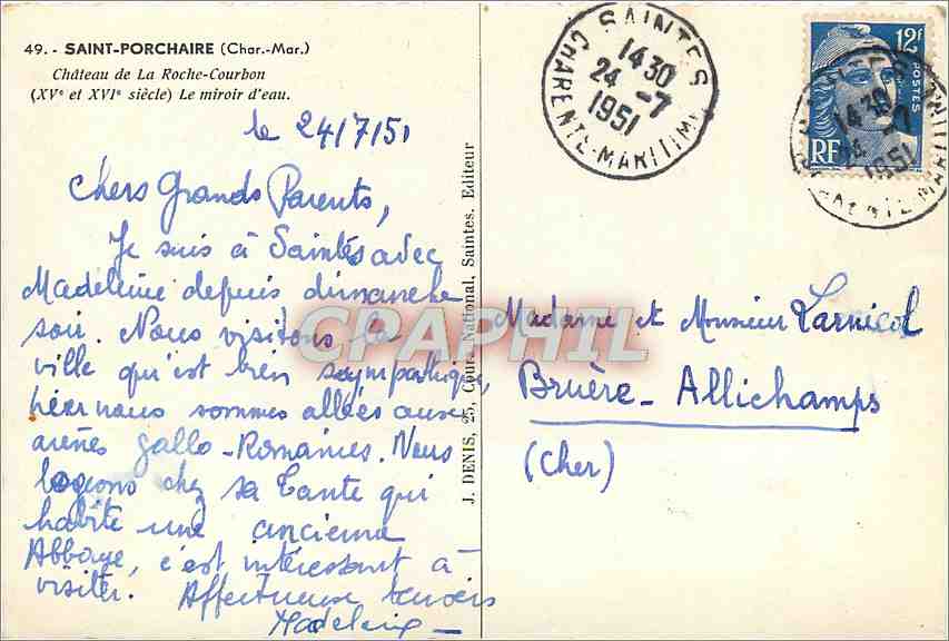 CPM Saint Porchaire Char Mar Chateau de La Roche Courbon Le Miroir d'Eau  — Back
