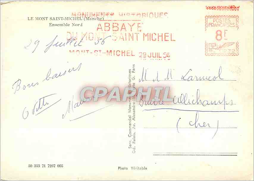 Mont Saint-Michel — Abbaye — Photo Véritable, Serv. Commercial, Av. Alexandre III, Paris — Rückseite