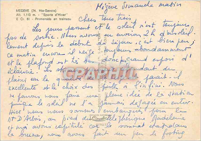 Megève — Hiver — Éditeur C. Cimy, n°74 — Reverso