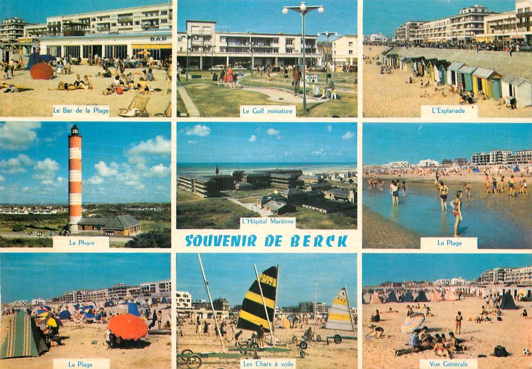 CPM Souvenir de Berck Le bar de la plage Le phare Les chars a voile Vue generale