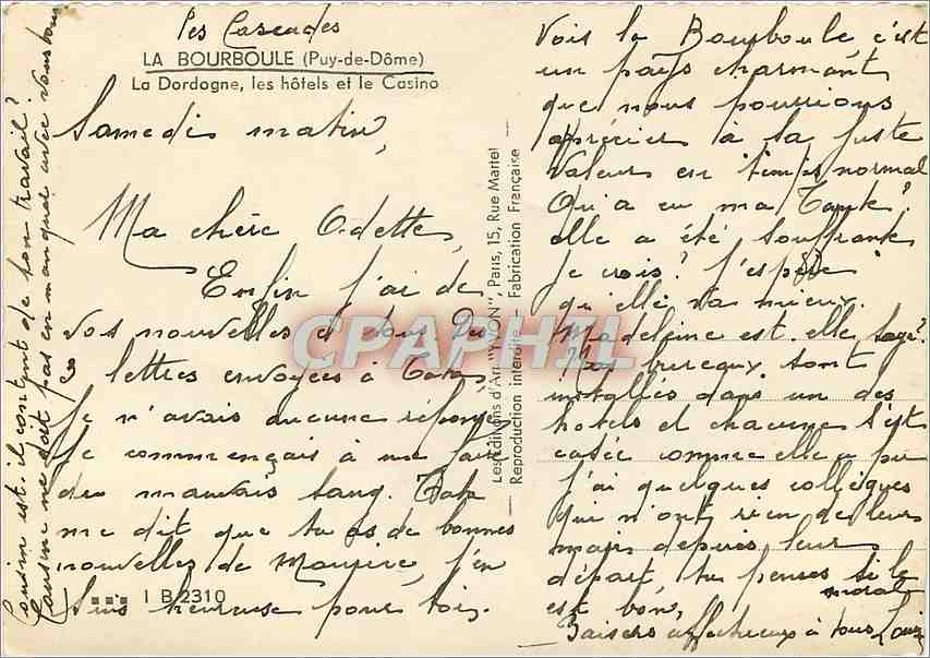 CPM La Bourboule Puy de Dome La Dordogne les Hotels et le Casino  — Rückseite