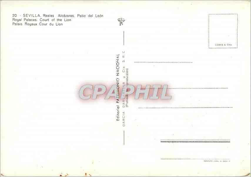 CPM Sevilla Reales Alcazarez Patio del Leon Palais Royaux Cour du Lion  — Rückseite