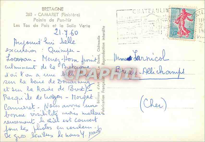 CPM Bretagne Camaret Finistere Pointe de Pen Hir Les Tas de Pois et la Salle Verte  — Rückseite