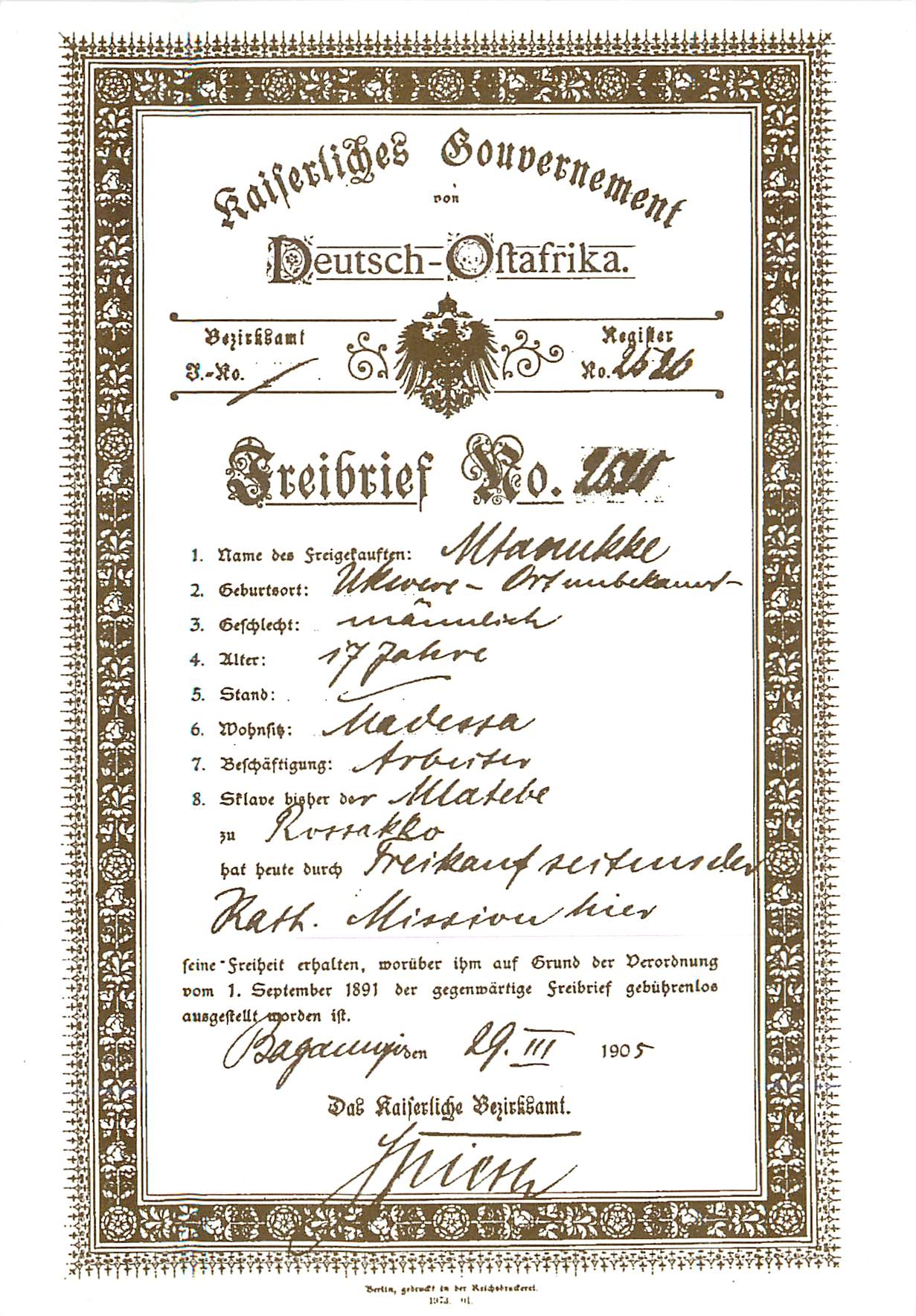 CPM Bagamoyo Mission Slave deed of freedom 