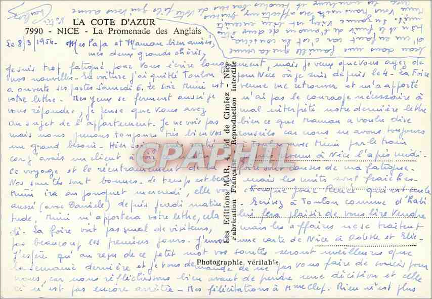 CPM La Cote d'Azur Nice La Promenade des Anglais  — Verso