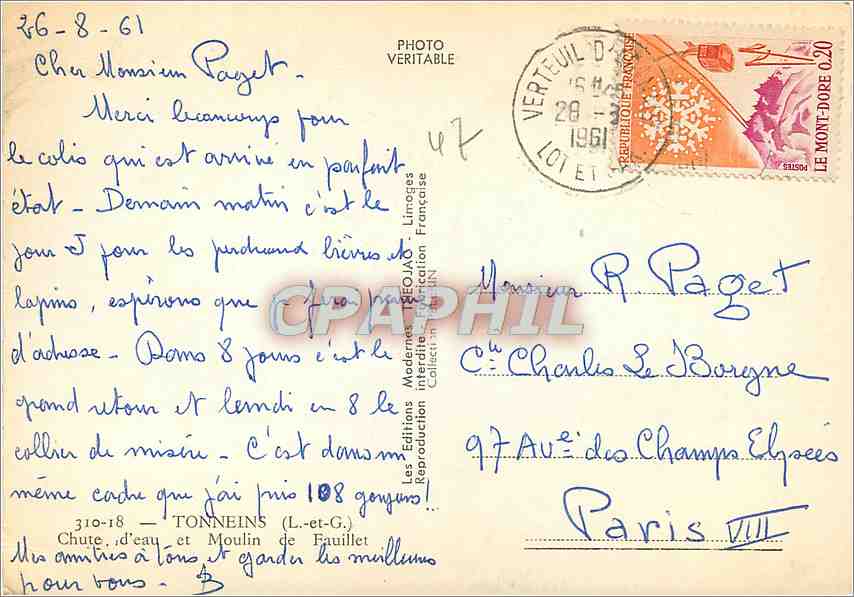 CPM Tonneins L et G Chute d'Eau et Moulin de Fauillet  — Back