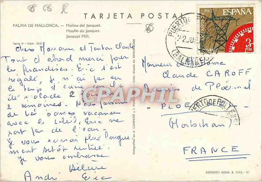 CPM Palma de Mallorca Moulin du Jonquet Ane Mule — Rückseite