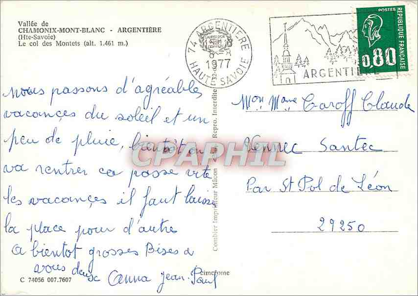 CPM Vallee de Chamonix Mont Blanc Argentiere Hte Savoie  — Verso