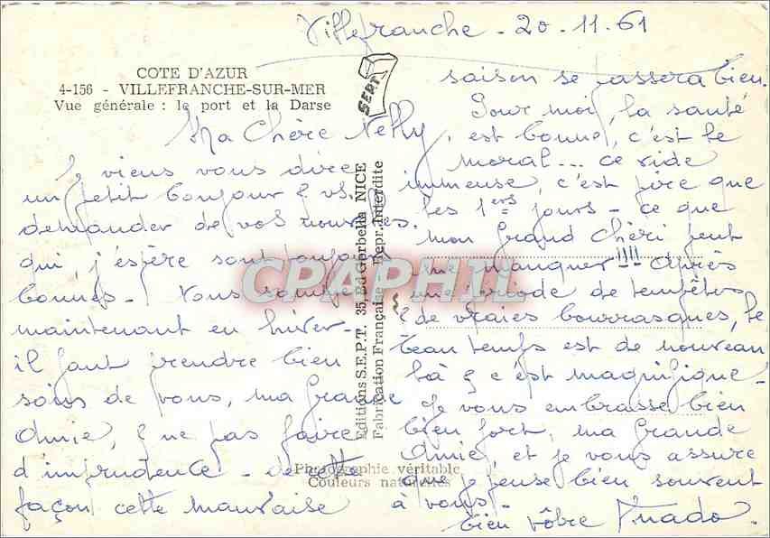 Villefranche-sur-Mer — Vue générale : le port et la Darse — Éditions S.E.P.T. 35, Décembre 1961 — Verso