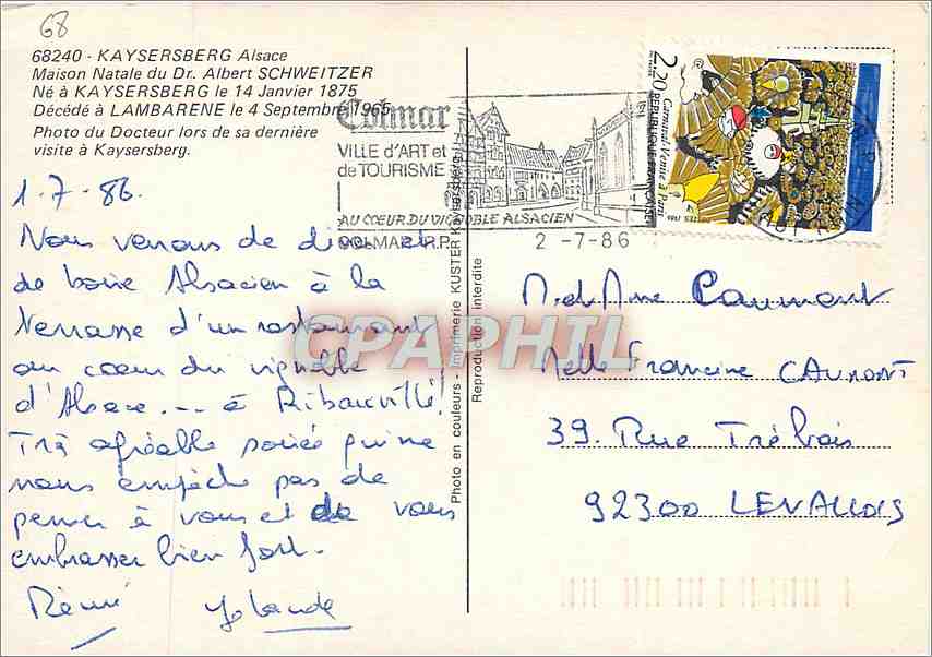 CPM Kaysersberg Alsace Maison Natale du Dr Albert Schweitzer  — Rückseite