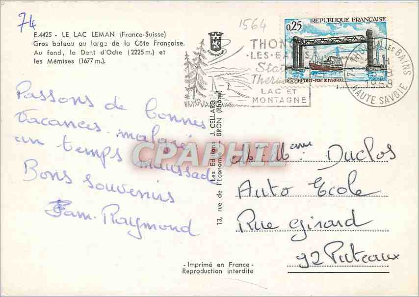 CPM Le Lac Leman France Suisse Gros bateau au large de la Cote francaise La dent d'Oche Les memises — Rückseite