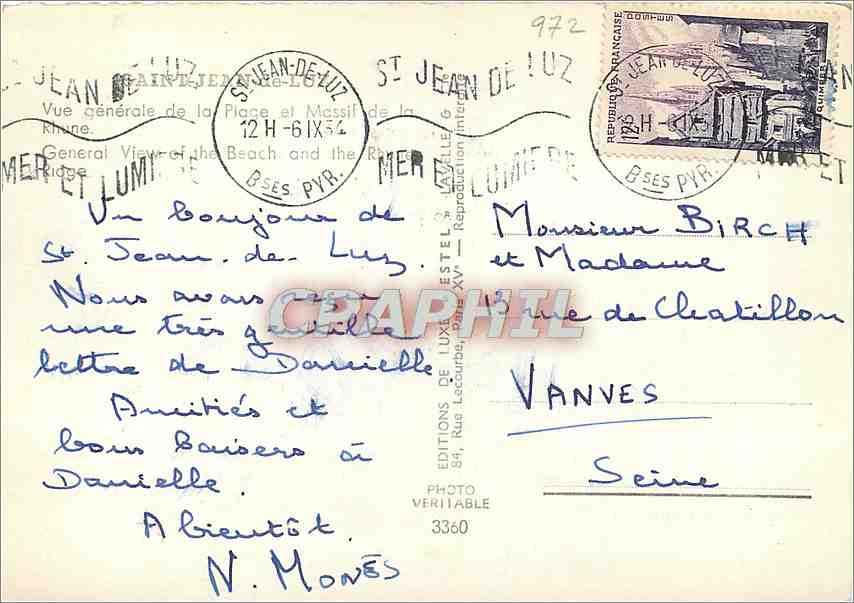 Vue générale de la Plage et du Massif de la Mèr et Lumière — Éditeur Estel, n°3360 — Verso