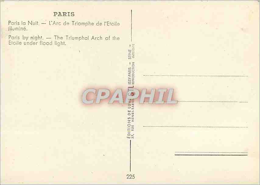 CPM Paris la Nuit L'Arc de Triomphe de l'Etoile  — Rückseite