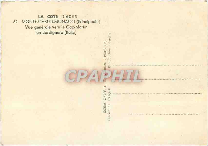 CPM La Cote d'Azur Monte Carlo Monaco  — Verso