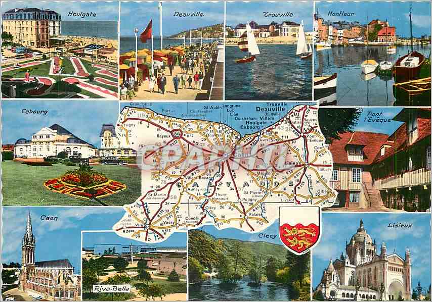 Le Calvados — Carte postale panoramique avec carte routière et blason — Éditions Hachette