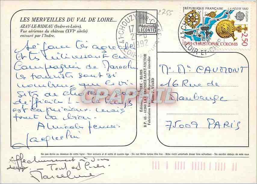 CPM Azay le Rideau Indre et Loire Vue aerienne du chateau entoure par l'Indre  — Rückseite