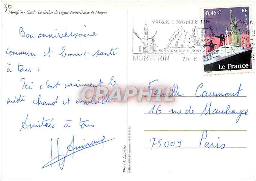 CPM Montfrin Gand Le Clocher de l'Eglise Notre Dame de Malpas  — Rückseite