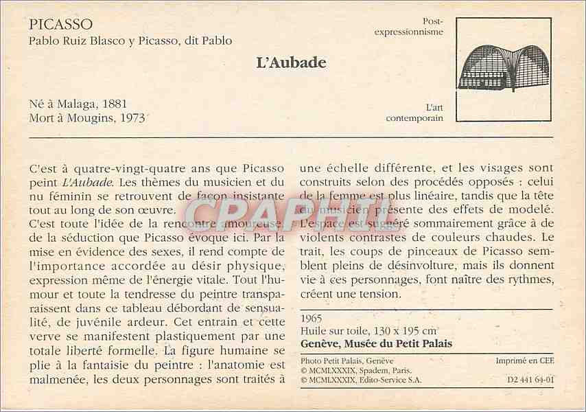 CPM Picasso Pablo Ruiz Blasco y Picasso dit Pablo L'Aubade  — Rückseite