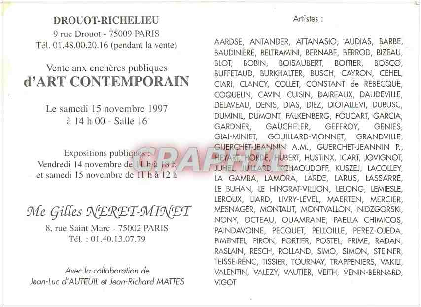 CPM Drouot Richelieu Paris Vente anx encheres publiques d'Art Contemporan  — Verso