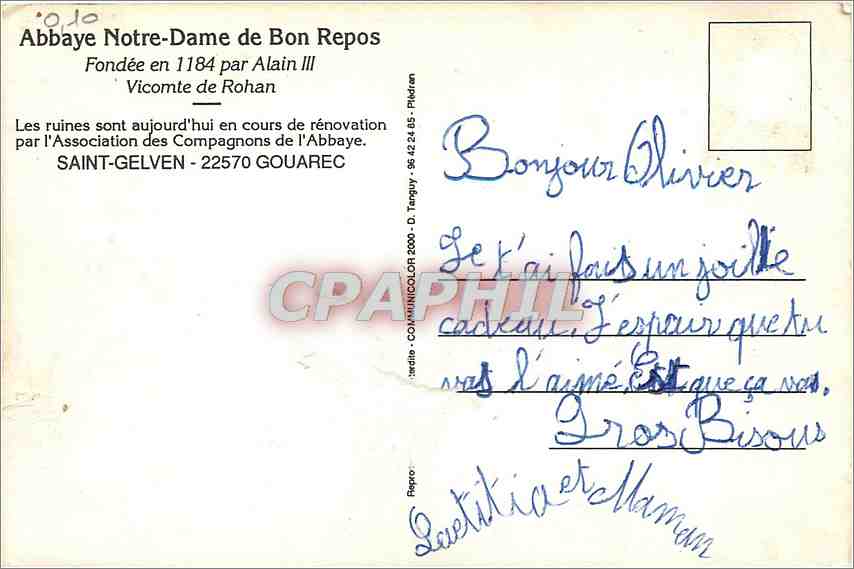 CPM Abbaye Notre Dame de Bon Repos Saint Gelven Gouarec — Rückseite