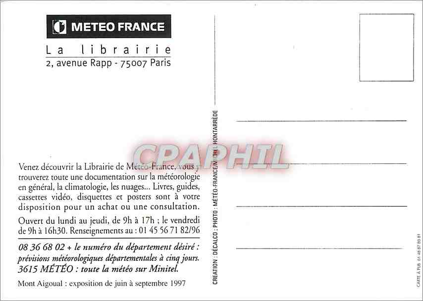 CPM La Librairie du Temps Meteo France Avenue Rapp Paris — Rückseite
