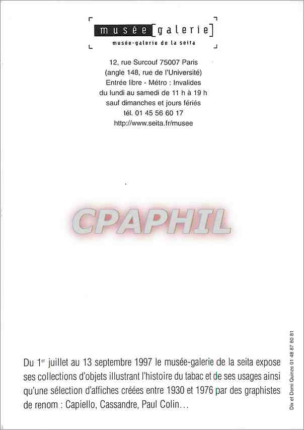 CPM Musee galerie rue Surcouf Paris SEITA — Rückseite