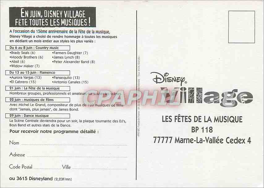 CPM Les Fetes de la Musique Marne La Vallee Cedex 4 — Rückseite