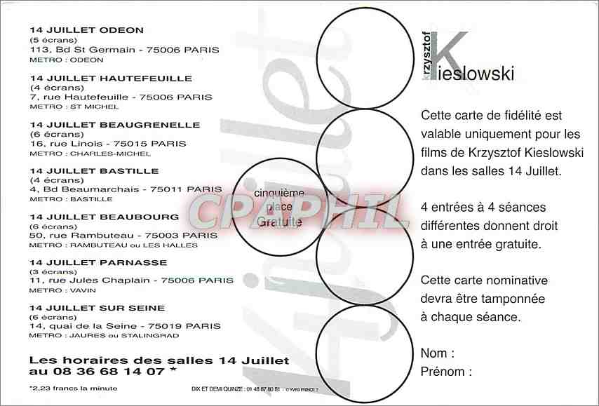 CPM Les Horaires des salles Kieslowski  — Rückseite