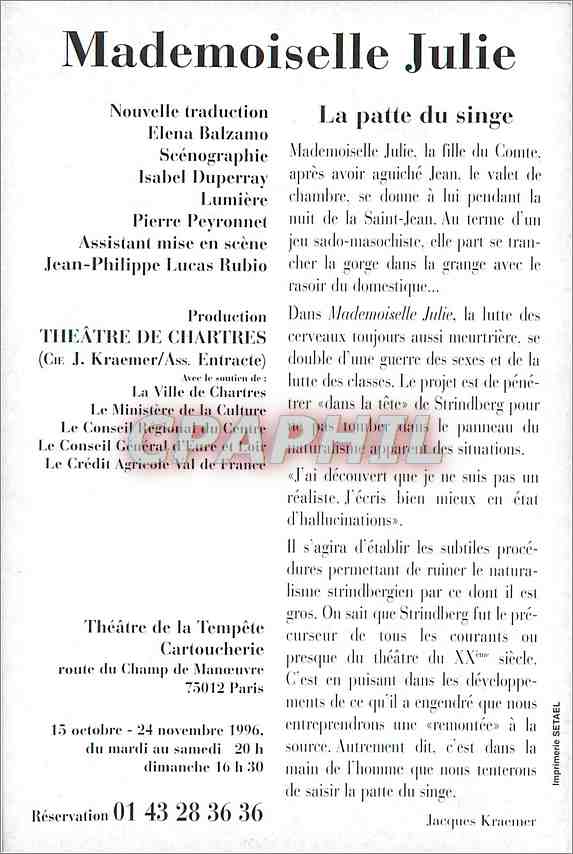 CPM Mademoiselle Julie La Patte du Singe Jacques Kraemer — Back