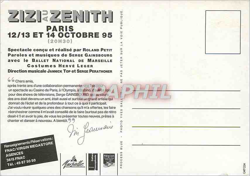 CPM Zizi au Zenith Marseille Roland Petit Serge Gainsbourg — Rückseite