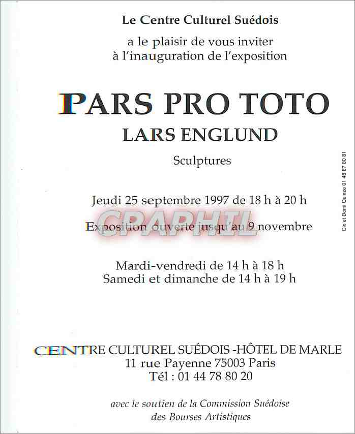 CPM Centre Culturel Suedois Hotel de Marle rue Payenne Paris Pars Pro Toto — Rückseite