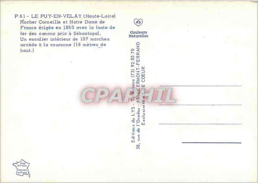 CPM Le Puy en Velay Haute Loire Rocher Corneille et Notre Dame de Franche  — Verso
