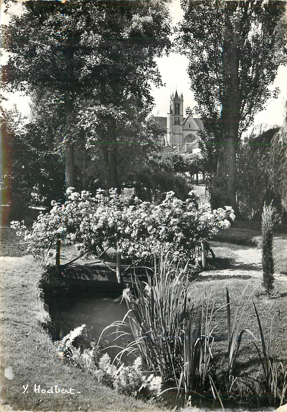 CPM Moret sur Loing Seine et Marne L'Eglise Notre Dame a Travers les apres d'un jardin fleuri des bo