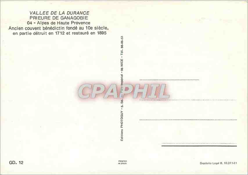 CPM Vallee de la Durance Prieure de Ganagobie Alpes de Haute Provence  — Verso