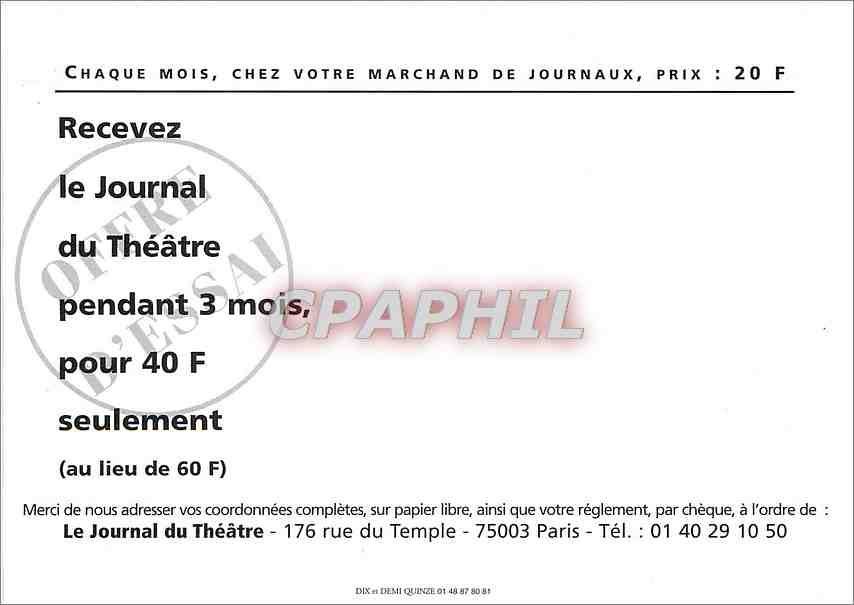 CPM Le Journal du Theatre Chaque mois chez votre Marchand de Journaux  — Verso