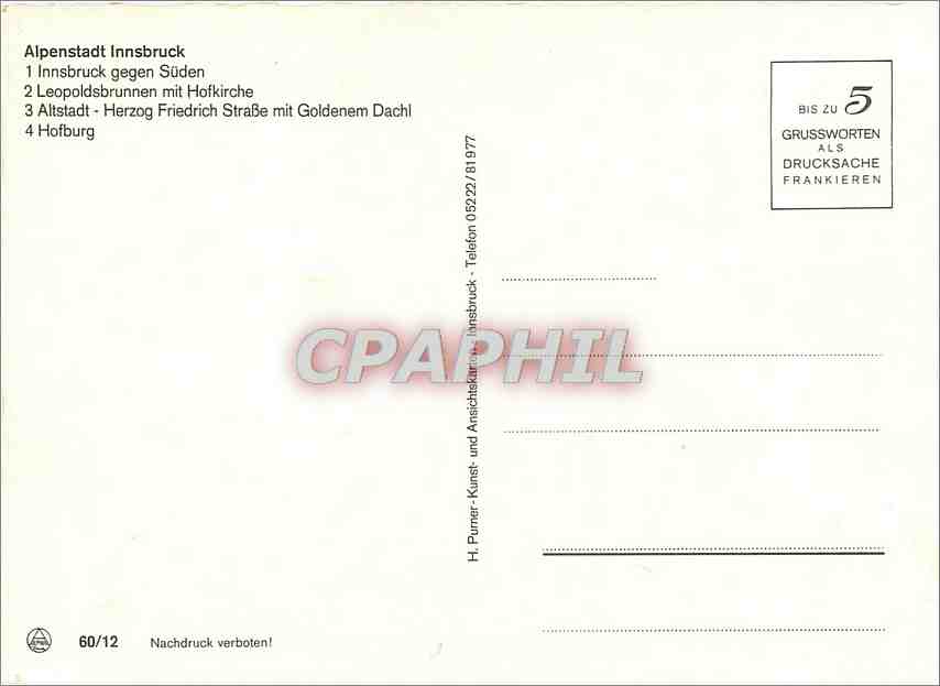 CPM Alpenstadt Innsbruck Innsbruck gegen Suden  — Rückseite