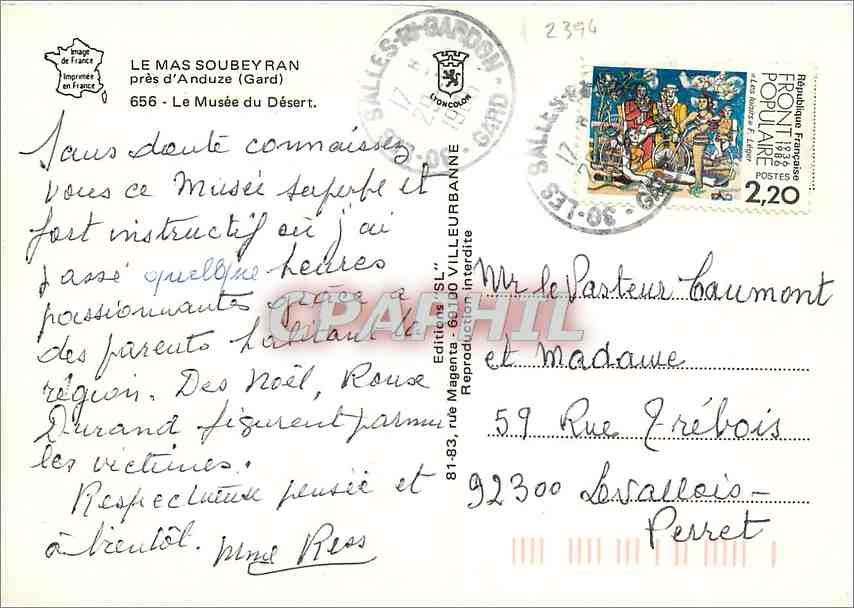CPM Le Mas Soubeyran pres d'Anduze Gard Le Musee du Desert  — Rückseite