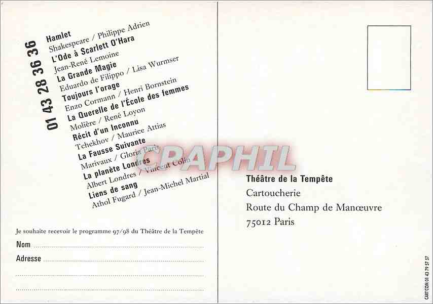 CPM Theatre de la Tempete Ecole des Femmes Paris Cartoucherie — Verso