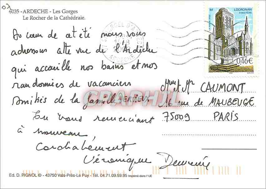 CPM Ardeche Les Gorges Le Rocher de la Cathedrale  — Rückseite
