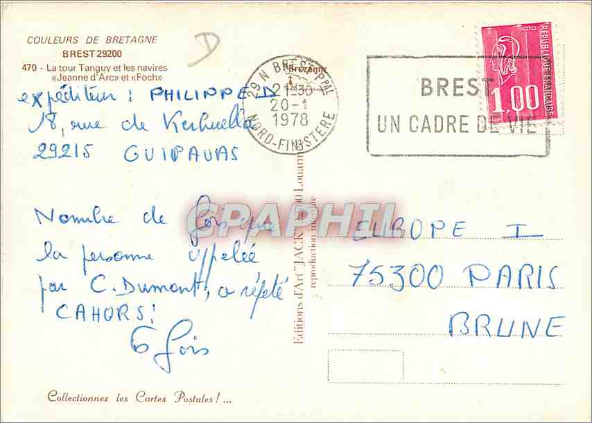 CPM Brest Port de Guerre de l'Ocean La Tour Tanguy et les navires Jeanne d'Arc et Foch Porte Avions — Rückseite