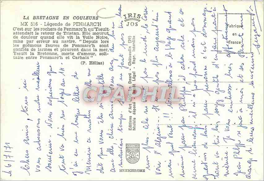 CPM Legende de Penmarch C'est sur les rochers de Penmarch qu Yseult Phare — Rückseite