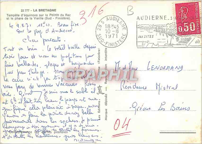 CPM La Bretagne Tempete d'Equinoxe sur la Pointe du Raz et le phare de la Vieille Sud Finistere  — Rückseite