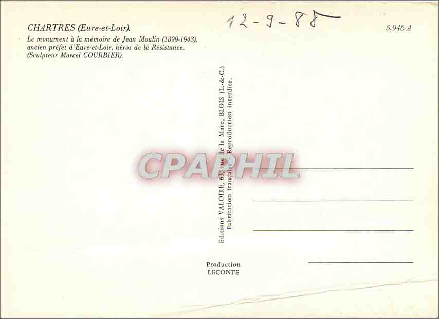 CPM Chartres Eure et Loir Le Monument a la memoire de Jean Moulin Militaria — Verso