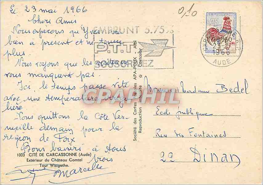 CPM Cite de Carcassonne Aude Exterieur du Chateau Comtal Tour Wisigothe  — Verso