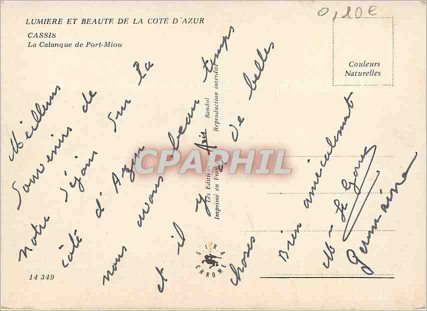 CPM Lumiere et Beaute de la Cote d'Azur Cassis La Calanque de Port Miou  — Rückseite