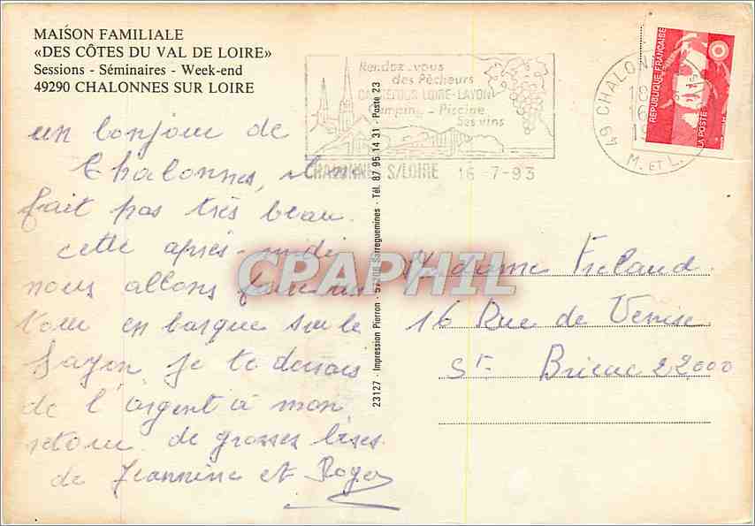 CPM Maison Familiale des Cotes du Val de Loire Chalonnes sur Loire  — Rückseite
