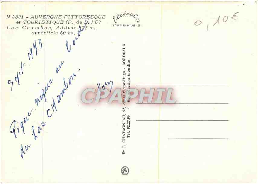 CPM Auvergne Pittoresque et Touristique P de D Lac Chambon  — Rückseite