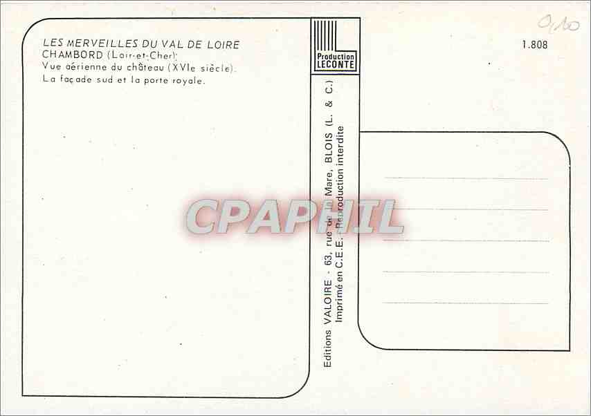 Chambord — Luftbild des Schlosses (16. Jahrhundert) — Éditions Valoire — Rückseite